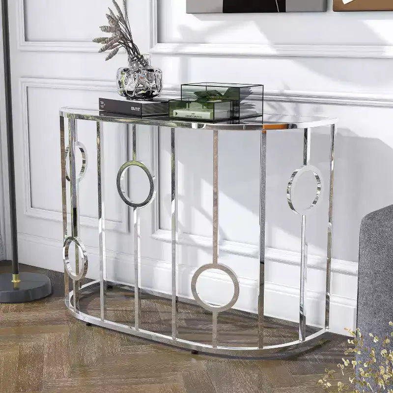 HOMES: Inside + Out Table console semi-circulaire miroir Oakmonte Chrome : Style glamour luxueux, Plateau en verre trempé, Cadre en acier