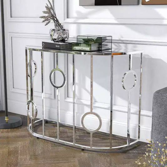 HOMES: Inside + Out Table console semi-circulaire miroir Oakmonte Chrome : Style glamour luxueux, Plateau en verre trempé, Cadre en acier