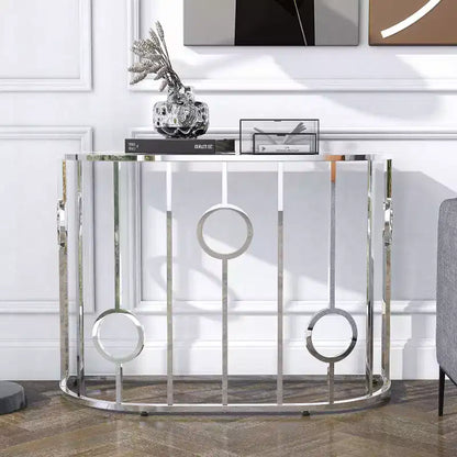 HOMES: Inside + Out Table console semi-circulaire miroir Oakmonte Chrome : Style glamour luxueux, Plateau en verre trempé, Cadre en acier
