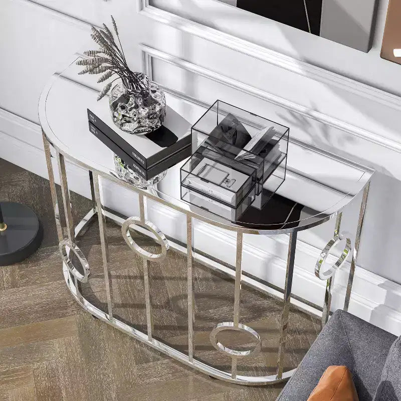 HOMES: Inside + Out Table console semi-circulaire miroir Oakmonte Chrome : Style glamour luxueux, Plateau en verre trempé, Cadre en acier