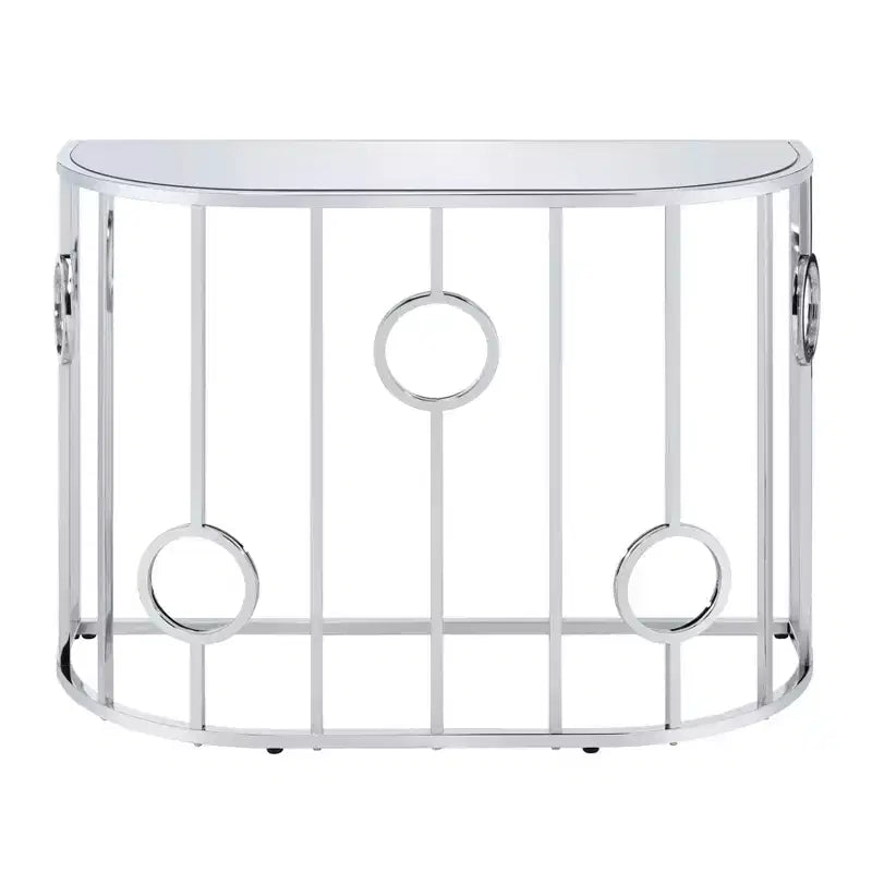 HOMES: Inside + Out Table console semi-circulaire miroir Oakmonte Chrome : Style glamour luxueux, Plateau en verre trempé, Cadre en acier