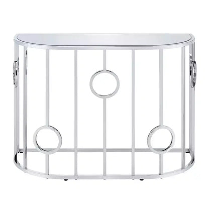 HOMES: Inside + Out Table console semi-circulaire miroir Oakmonte Chrome : Style glamour luxueux, Plateau en verre trempé, Cadre en acier