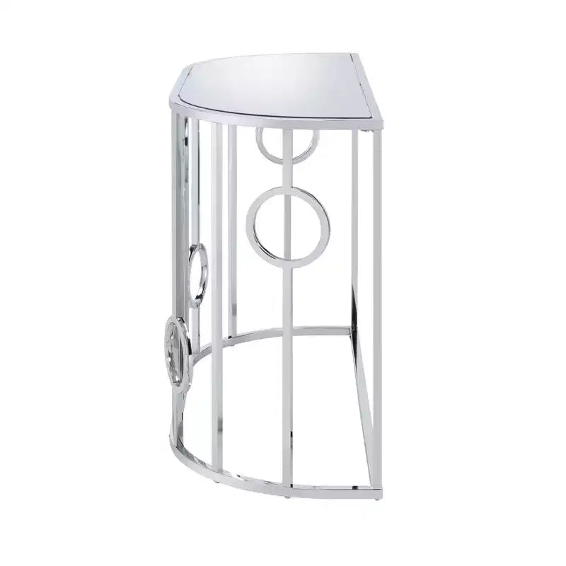 HOMES: Inside + Out Table console semi-circulaire miroir Oakmonte Chrome : Style glamour luxueux, Plateau en verre trempé, Cadre en acier
