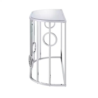 HOMES: Inside + Out Table console semi-circulaire miroir Oakmonte Chrome : Style glamour luxueux, Plateau en verre trempé, Cadre en acier