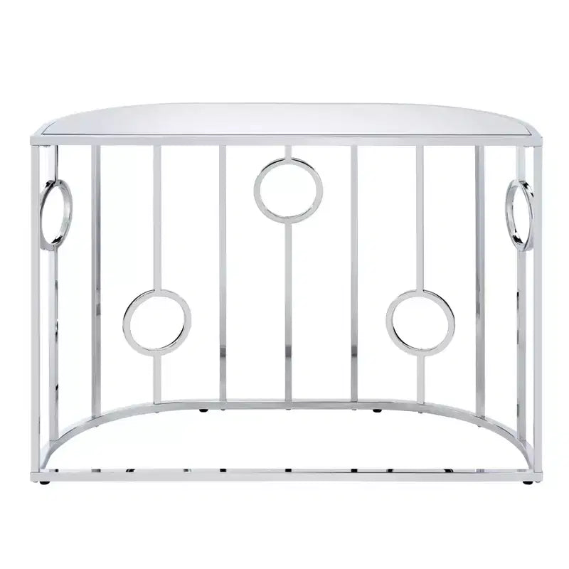 HOMES: Inside + Out Table console semi-circulaire miroir Oakmonte Chrome : Style glamour luxueux, Plateau en verre trempé, Cadre en acier