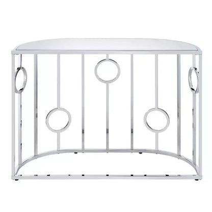 HOMES: Inside + Out Table console semi-circulaire miroir Oakmonte Chrome : Style glamour luxueux, Plateau en verre trempé, Cadre en acier