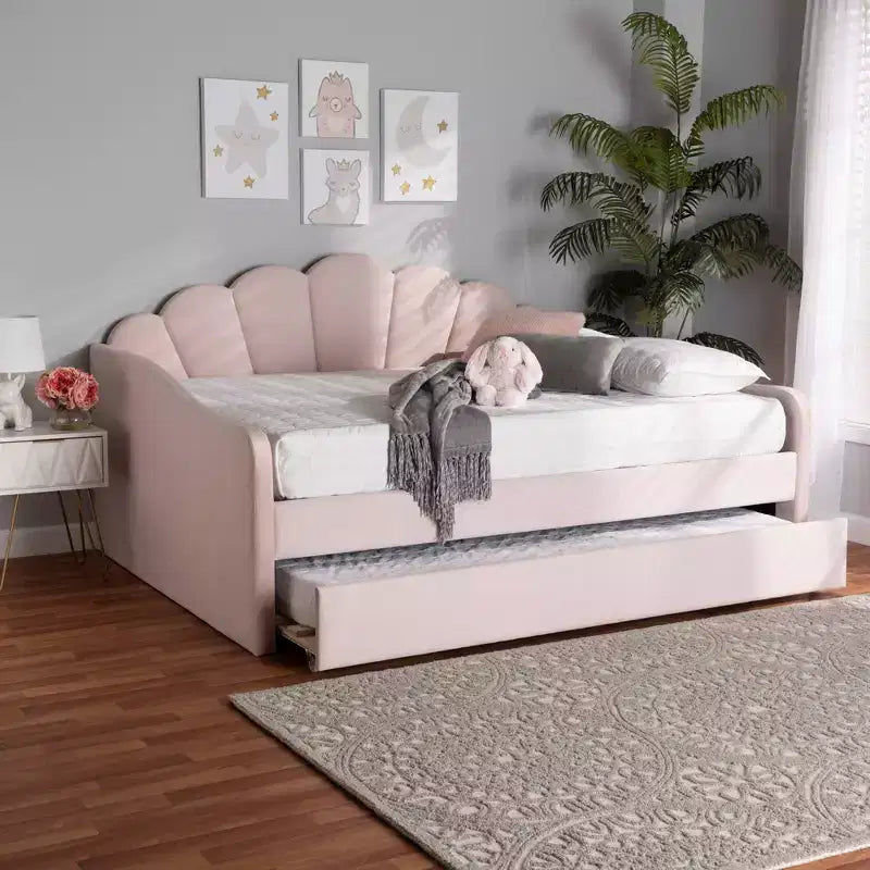 Lit de repos rembourré en tissu velours Queen Timila avec lit gigogne – Baxton Studio : Meubles de chambre glamour, aucun sommier tapissier requis