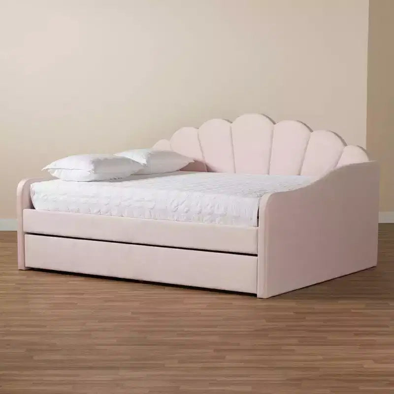Lit de repos rembourré en tissu velours Queen Timila avec lit gigogne – Baxton Studio : Meubles de chambre glamour, aucun sommier tapissier requis