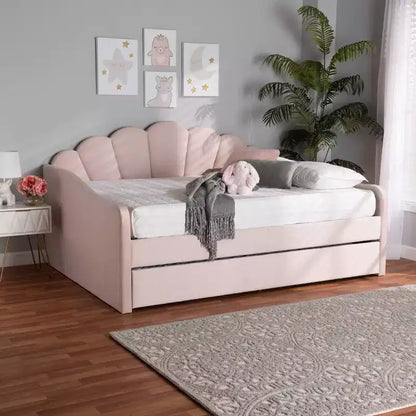 Lit de repos rembourré en tissu velours Queen Timila avec lit gigogne – Baxton Studio : Meubles de chambre glamour, aucun sommier tapissier requis