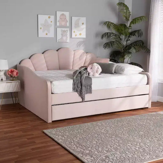 Lit de repos rembourré en tissu velours Queen Timila avec lit gigogne – Baxton Studio : Meubles de chambre glamour, aucun sommier tapissier requis