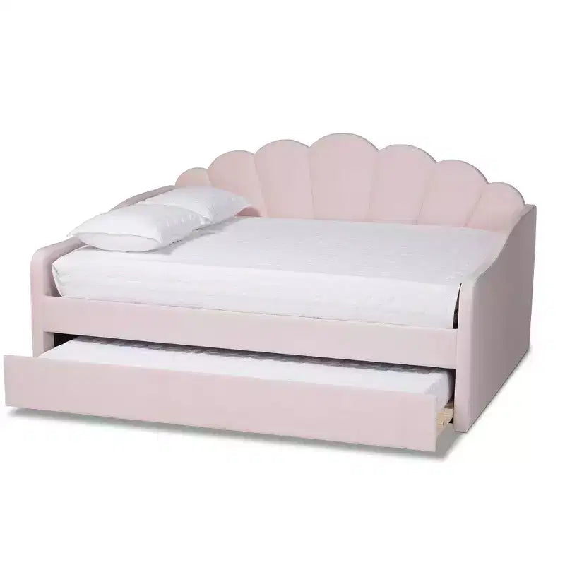 Lit de repos rembourré en tissu velours Queen Timila avec lit gigogne – Baxton Studio : Meubles de chambre glamour, aucun sommier tapissier requis