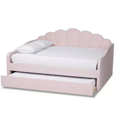 Lit de repos rembourré en tissu velours Queen Timila avec lit gigogne – Baxton Studio : Meubles de chambre glamour, aucun sommier tapissier requis