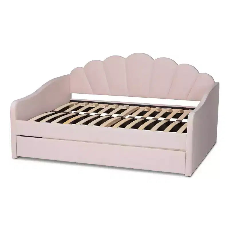 Lit de repos rembourré en tissu velours Queen Timila avec lit gigogne – Baxton Studio : Meubles de chambre glamour, aucun sommier tapissier requis