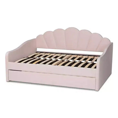 Lit de repos rembourré en tissu velours Queen Timila avec lit gigogne – Baxton Studio : Meubles de chambre glamour, aucun sommier tapissier requis