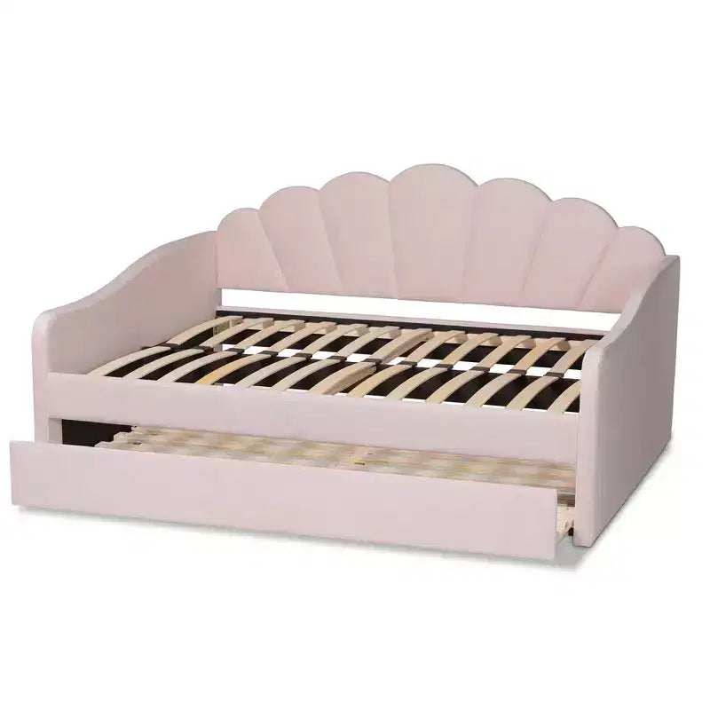 Lit de repos rembourré en tissu velours Queen Timila avec lit gigogne – Baxton Studio : Meubles de chambre glamour, aucun sommier tapissier requis
