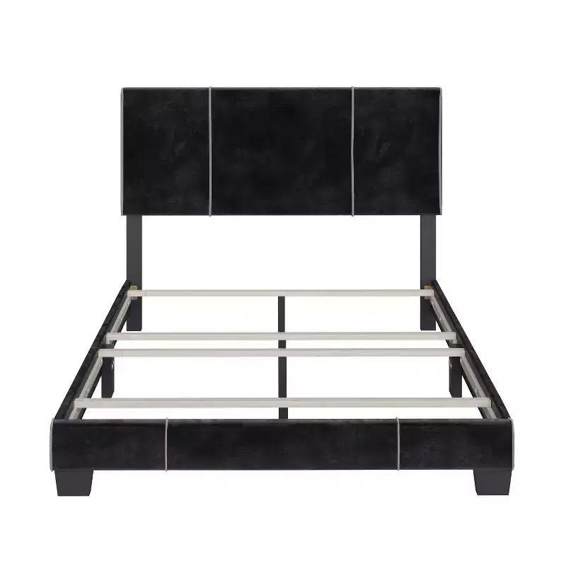Cadre de Lit Capitonne Velours Queen Lucena Noir - Boyd Sleep Eco Dream : Style Contemporain, Tissu Velours Doux, Pieds en Bois Massif, Montage Facile