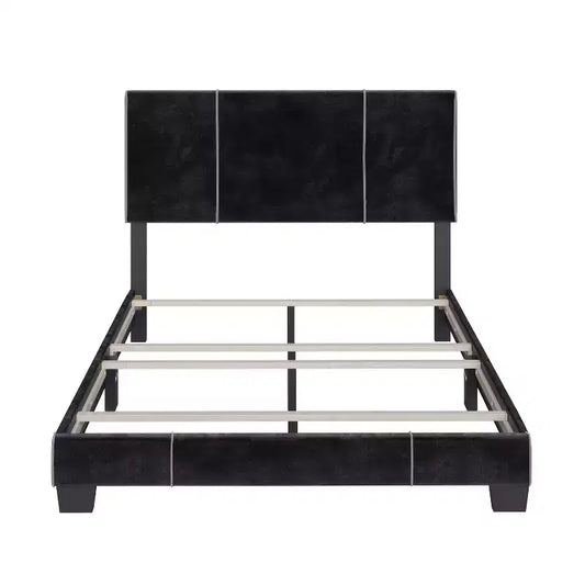 Cadre de Lit Capitonne Velours Queen Lucena Noir - Boyd Sleep Eco Dream : Style Contemporain, Tissu Velours Doux, Pieds en Bois Massif, Montage Facile