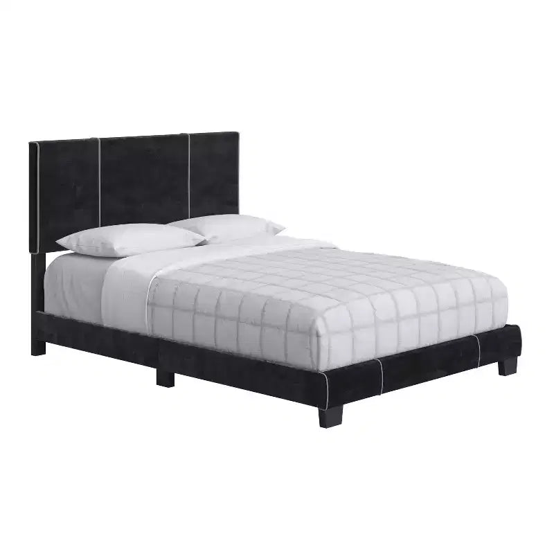 Cadre de Lit Capitonne Velours Queen Lucena Noir - Boyd Sleep Eco Dream : Style Contemporain, Tissu Velours Doux, Pieds en Bois Massif, Montage Facile