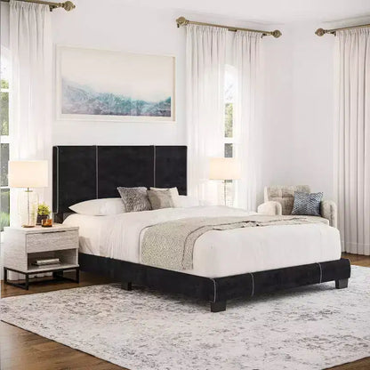 Cadre de Lit Capitonne Velours Queen Lucena Noir - Boyd Sleep Eco Dream : Style Contemporain, Tissu Velours Doux, Pieds en Bois Massif, Montage Facile