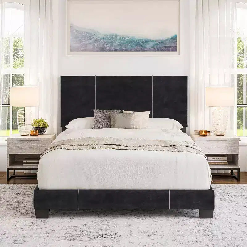 Cadre de Lit Capitonne Velours Queen Lucena Noir - Boyd Sleep Eco Dream : Style Contemporain, Tissu Velours Doux, Pieds en Bois Massif, Montage Facile