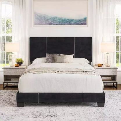Cadre de Lit Capitonne Velours Queen Lucena Noir - Boyd Sleep Eco Dream : Style Contemporain, Tissu Velours Doux, Pieds en Bois Massif, Montage Facile