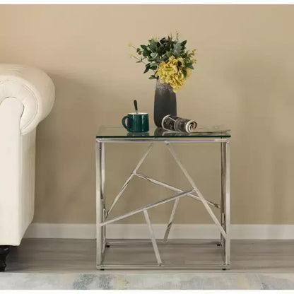 Table d'appoint carrée moderne, table basse en métal avec plateau en verre trempé