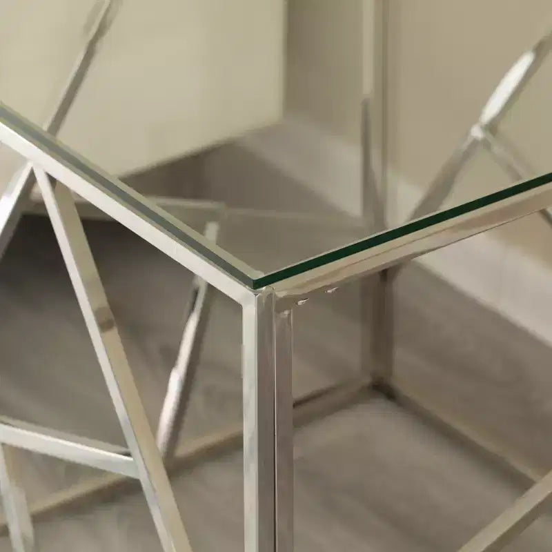 Table d'appoint carrée moderne, table basse en métal avec plateau en verre trempé