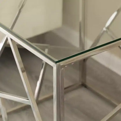 Table d'appoint carrée moderne, table basse en métal avec plateau en verre trempé