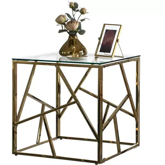 Table d'appoint carrée moderne, table basse en métal avec plateau en verre trempé