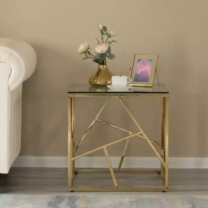 Table d'appoint carrée moderne, table basse en métal avec plateau en verre trempé