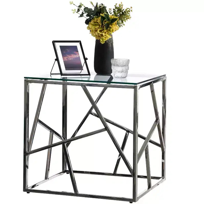 Table d'appoint carrée moderne, table basse en métal avec plateau en verre trempé