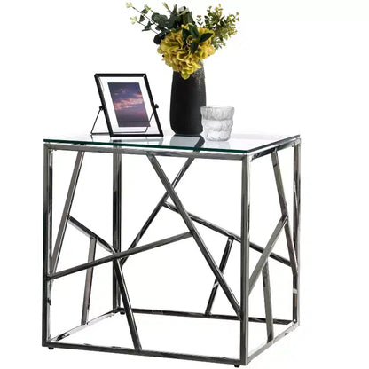 Table d'appoint carrée moderne, table basse en métal avec plateau en verre trempé