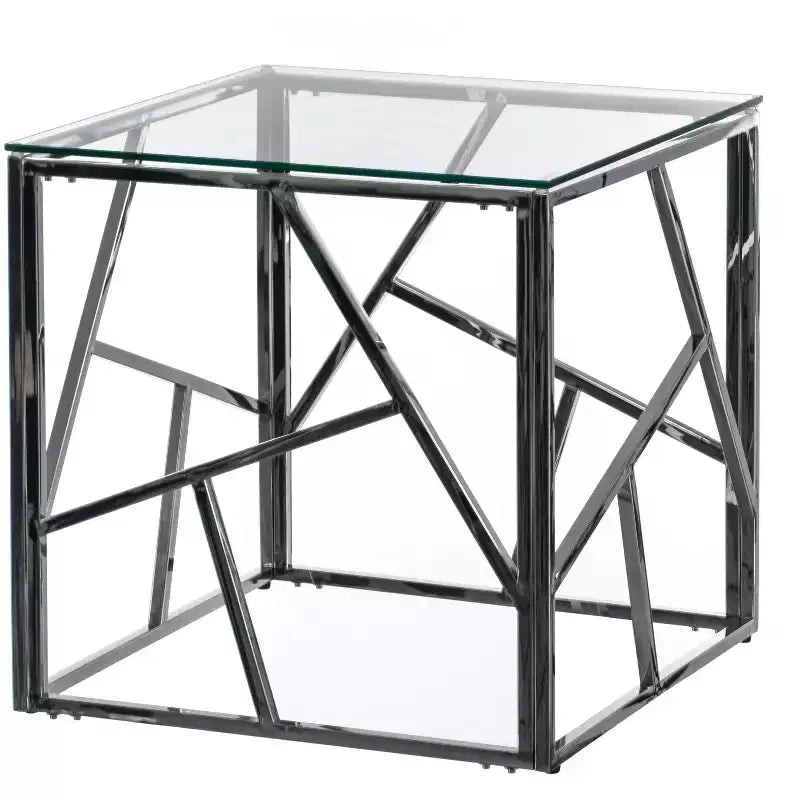 Table d'appoint carrée moderne, table basse en métal avec plateau en verre trempé