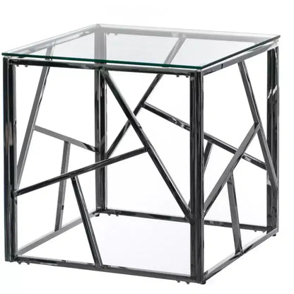 Table d'appoint carrée moderne, table basse en métal avec plateau en verre trempé