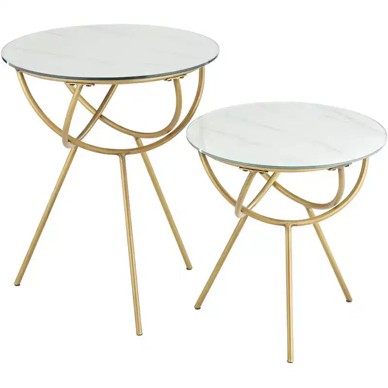 Studio 55D Mayflower Modern Metal Round Nesting Tables Set of 2 Gold Marbleized Tempered Glass Tabletop for Living Room Bedroom Bedside Entryway House