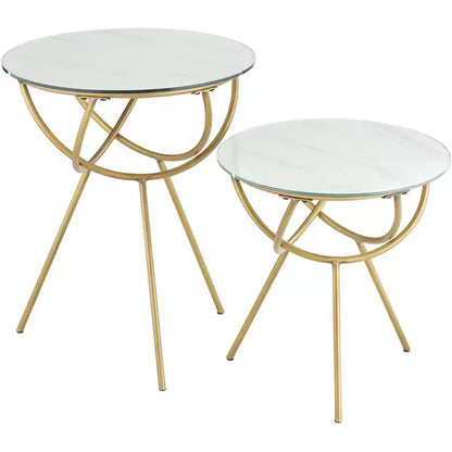 Studio 55D Mayflower Modern Metal Round Nesting Tables Set of 2 Gold Marbleized Tempered Glass Tabletop for Living Room Bedroom Bedside Entryway House