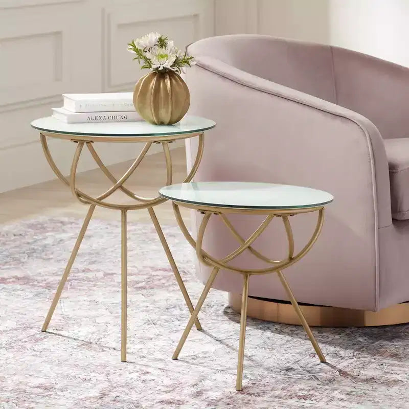 Studio 55D Mayflower Tables gigognes rondes modernes en métal, lot de 2, plateau en verre trempé marbré doré, pour salon, chambre, chevet, entrée, maison