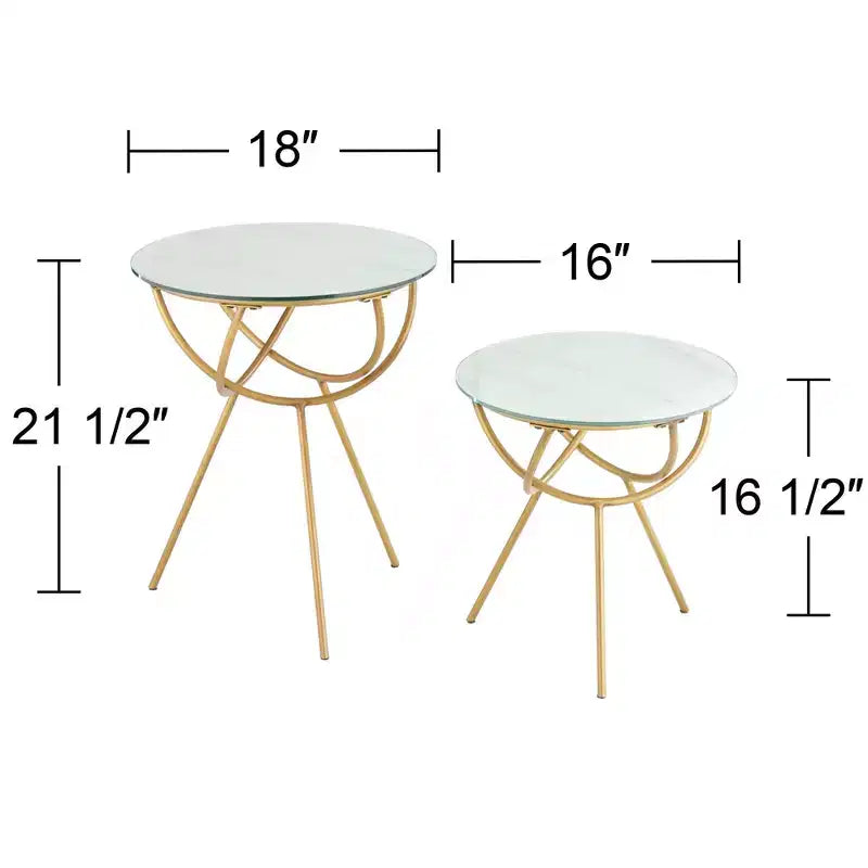 Studio 55D Mayflower Tables gigognes rondes modernes en métal, lot de 2, plateau en verre trempé marbré doré, pour salon, chambre, chevet, entrée, maison