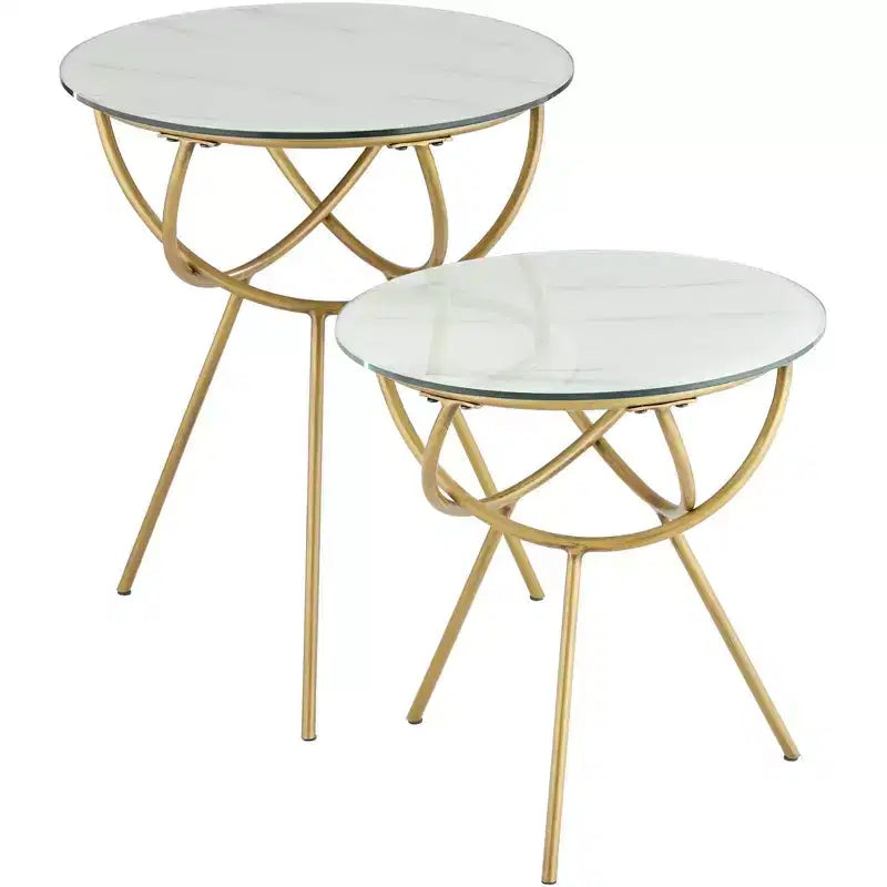 Studio 55D Mayflower Tables gigognes rondes modernes en métal, lot de 2, plateau en verre trempé marbré doré, pour salon, chambre, chevet, entrée, maison