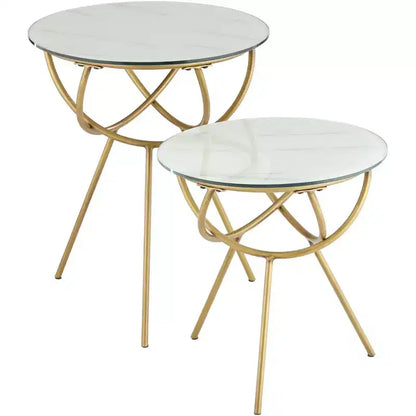 Studio 55D Mayflower Tables gigognes rondes modernes en métal, lot de 2, plateau en verre trempé marbré doré, pour salon, chambre, chevet, entrée, maison