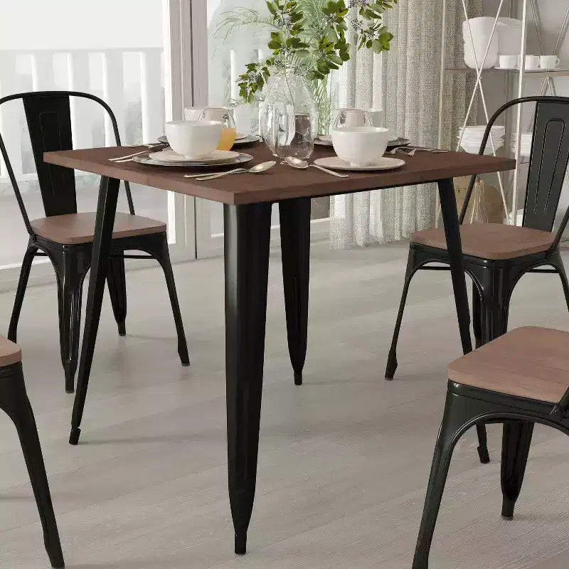 Table carrée moderne Merrick Lane de 31,5 po en métal avec plateau en bois rustique pour l'intérieur