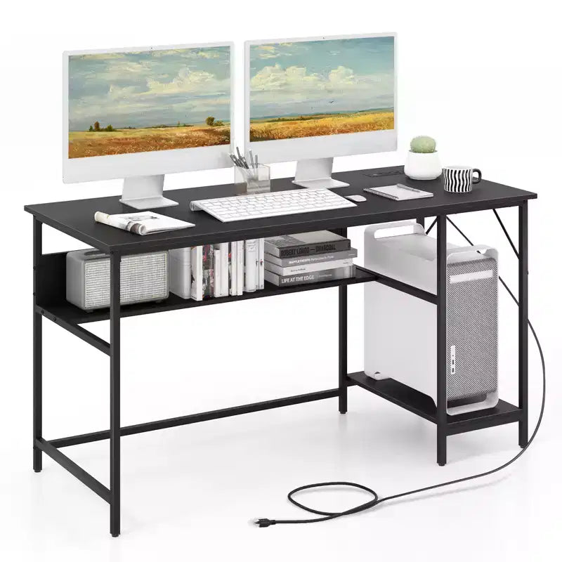 Costway 55'' Computer Desk w/ Charging Station Home Office PC Desk w/ 4 Power Outlets