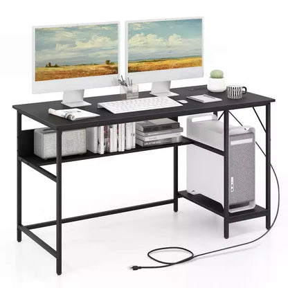 Costway 55'' Computer Desk w/ Charging Station Home Office PC Desk w/ 4 Power Outlets