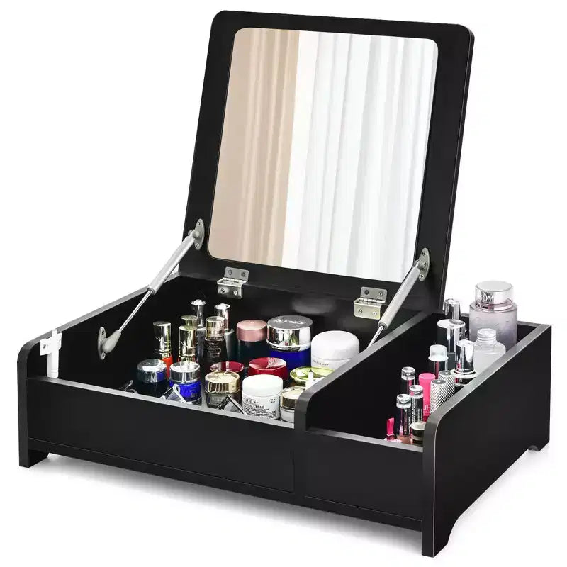 Costway 2-in-1 Vanity Dresser w/ Flip-Top Mirror Tabletop Storage Box Makeup Laptop Black