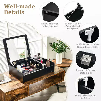Coiffeuse 2-en-1 Costway avec miroir rabattable, boîte de rangement, maquillage, ordinateur portable, noire