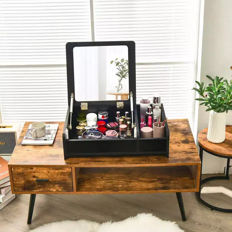 Coiffeuse 2-en-1 Costway avec miroir rabattable, boîte de rangement, maquillage, ordinateur portable, noire