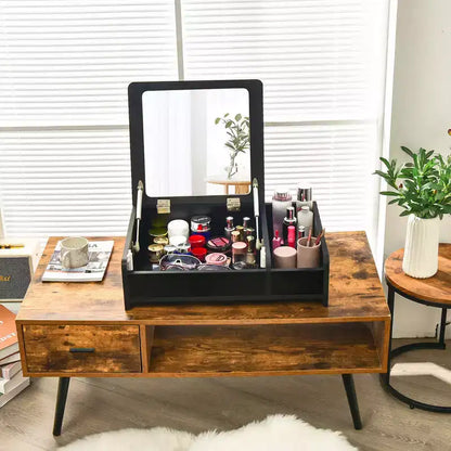 Coiffeuse 2-en-1 Costway avec miroir rabattable, boîte de rangement, maquillage, ordinateur portable, noire