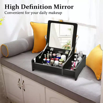 Coiffeuse 2-en-1 Costway avec miroir rabattable, boîte de rangement, maquillage, ordinateur portable, noire