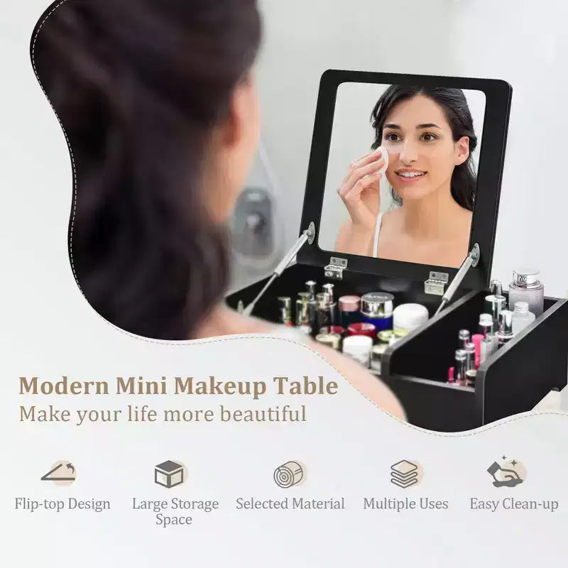 Coiffeuse 2-en-1 Costway avec miroir rabattable, boîte de rangement, maquillage, ordinateur portable, noire