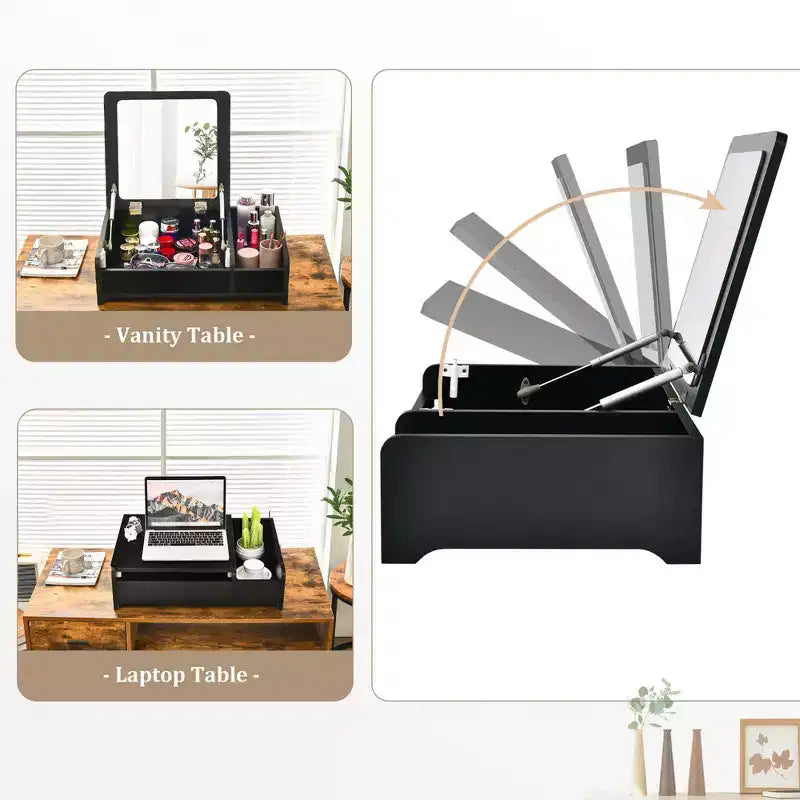 Coiffeuse 2-en-1 Costway avec miroir rabattable, boîte de rangement, maquillage, ordinateur portable, noire